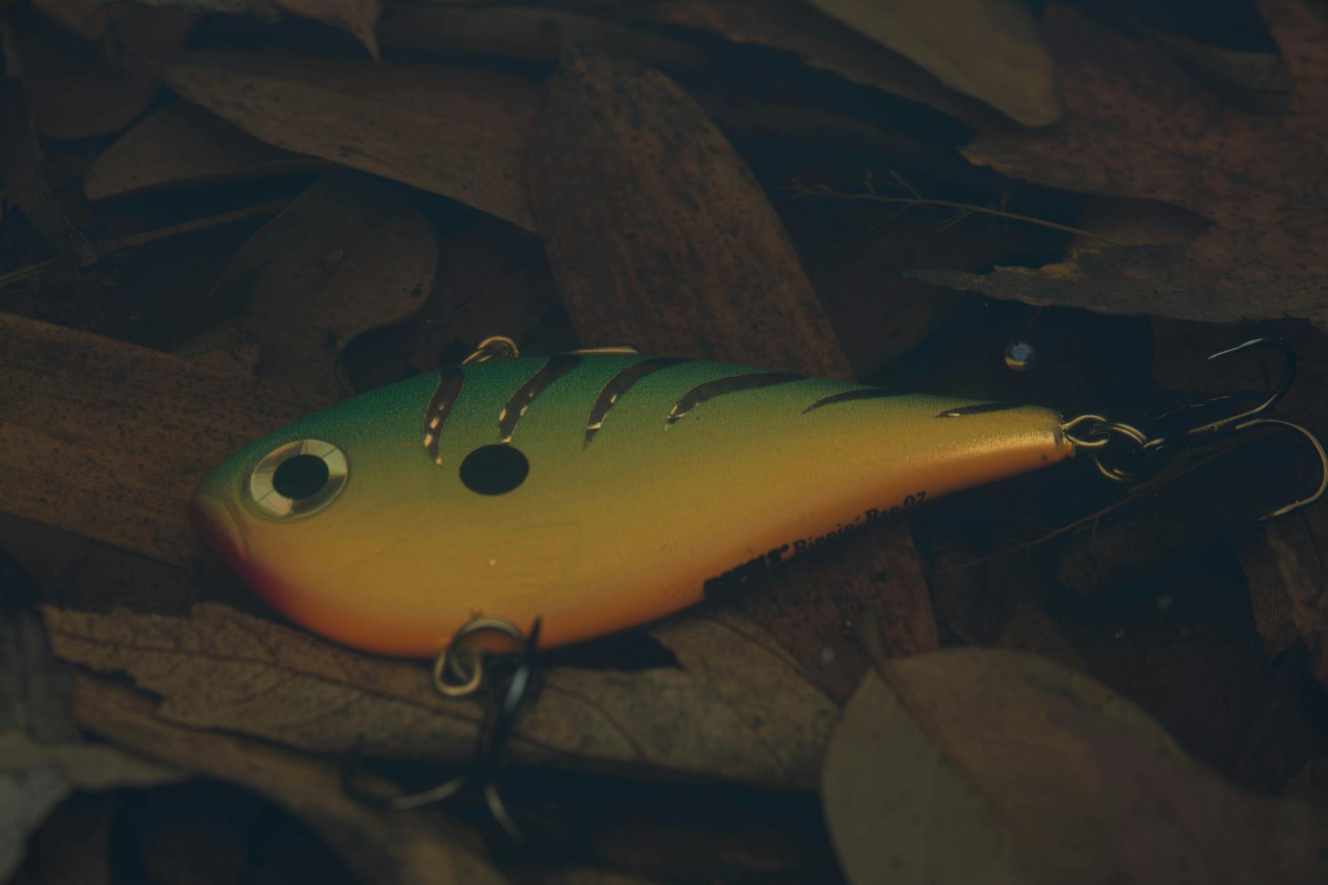 colorful fishing lure in leafy underwater setting